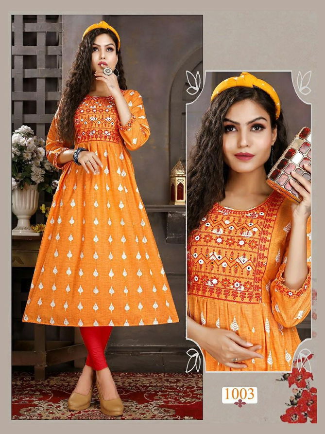 Riyaa Avni 1001 Heavy Cotton Printed Ethnic Wear Embroidery Kurti Collection